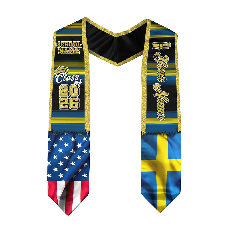 Customized Sweden Graduation Stole Highlighting Swedish Flag Heritage Pattern, Graduation Sash Class of 2026