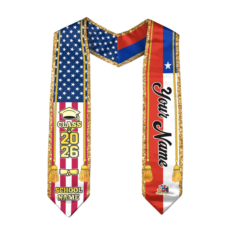Customized Chile Graduation Stole with Chilean Flag Emblem, Graduation Sash for Class of 2026