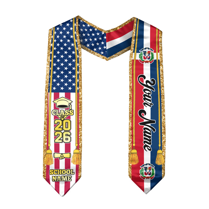 Customized Dominican Republic Graduation Stole with Flag Emblem, Graduation Sash for Class of 2026