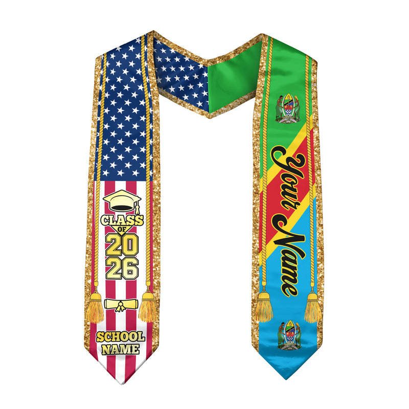Customized Tanzania Graduation Stole with Tanzanian Flag Emblem, Graduation Sash for Class of 2026