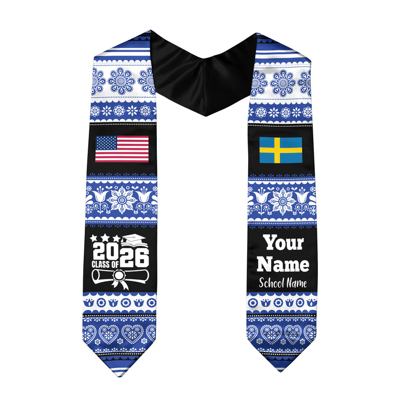 Customized Sweden Graduation Stole Featuring National Flag Motif, Graduation Sash for Class of 2026