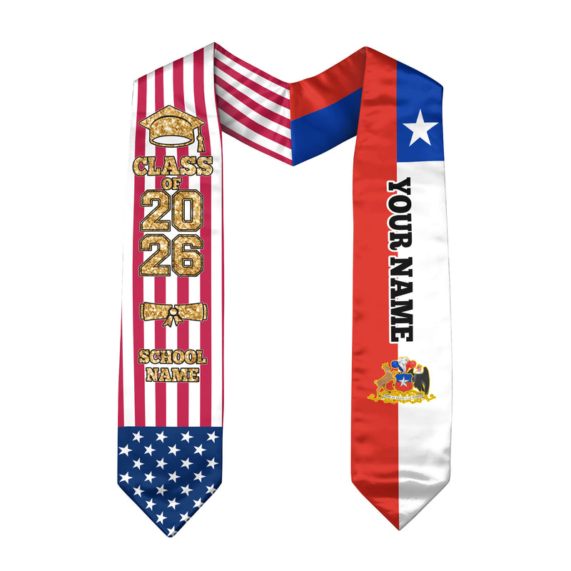 Customized Chile Graduation Stole Featuring Chilean Flag Design, Graduation Sash 2026, Class of 2026