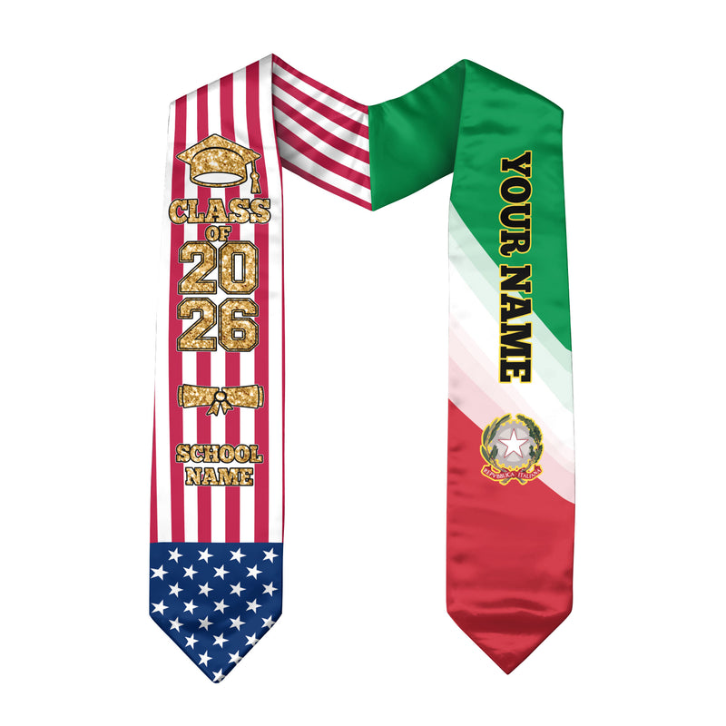 Customized Italy Graduation Stole Featuring Italian Flag Accent, Graduation Sash 2026, Class of 2026