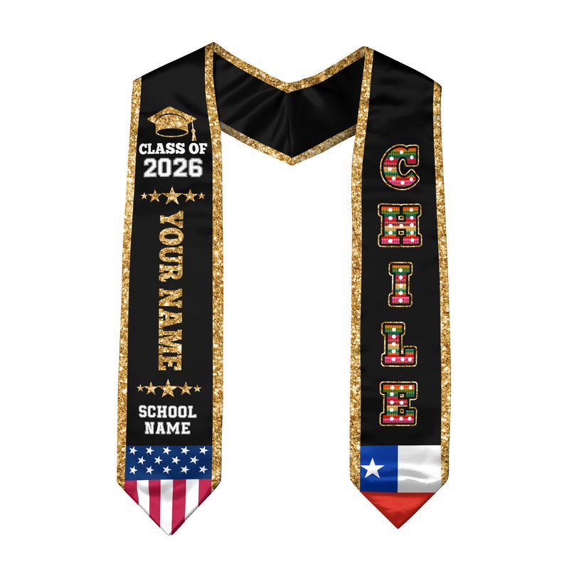 Chile Graduation Stole 2026, Chile Flag Sash, Personal Detail Option for Graduates