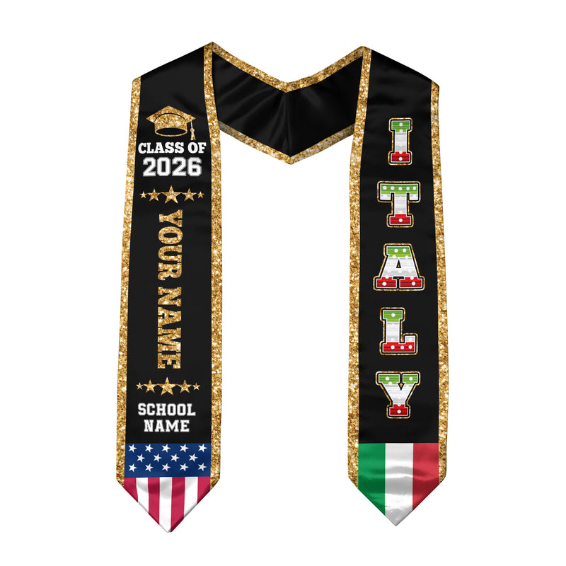 Italy Graduation Stole 2026, Italy Flag Sash, Personal Detail Option for Graduates