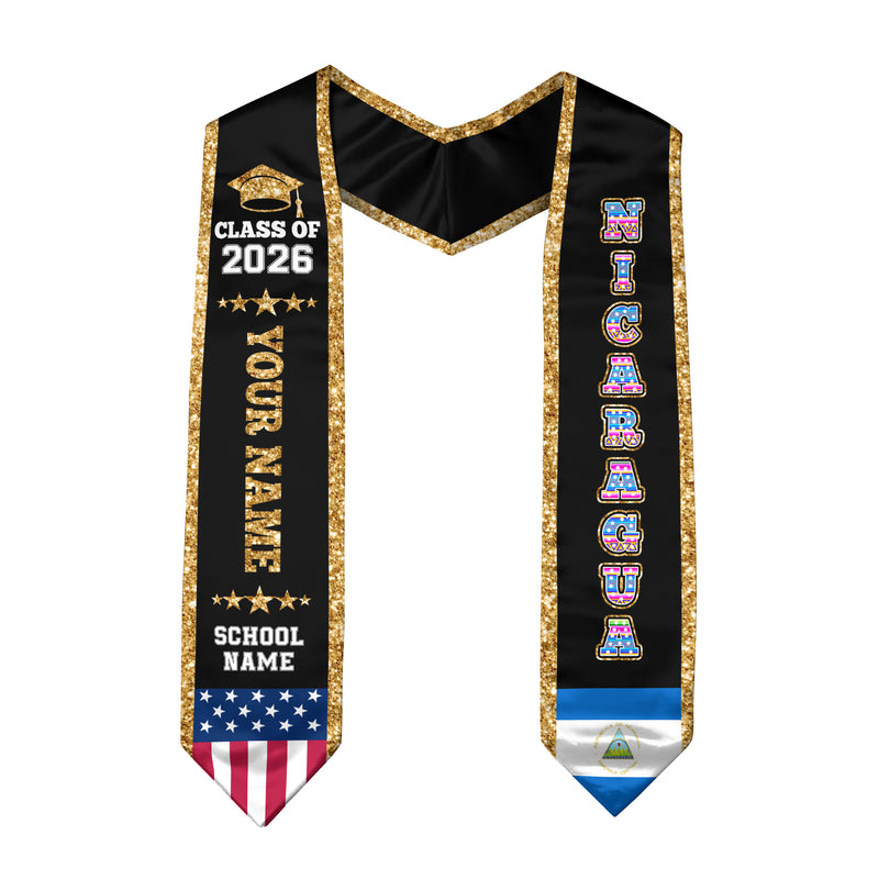 Nicaragua Graduation Stole 2026, Nicaragua Flag Sash, Personal Detail Option for Graduates