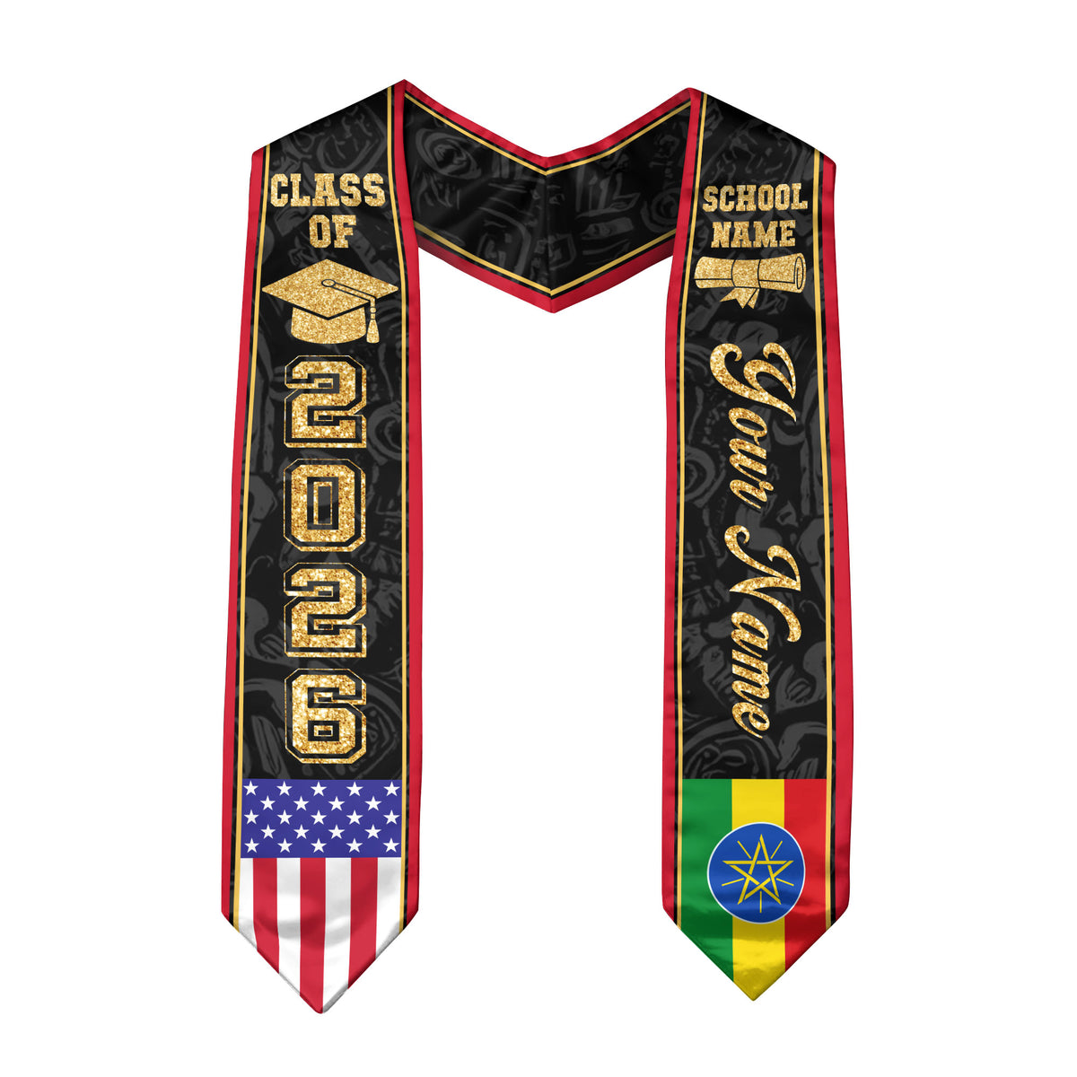 Ethiopian Flag Graduation Stole 2026, Ethiopia Stole Sash, Custom Accent for Graduates