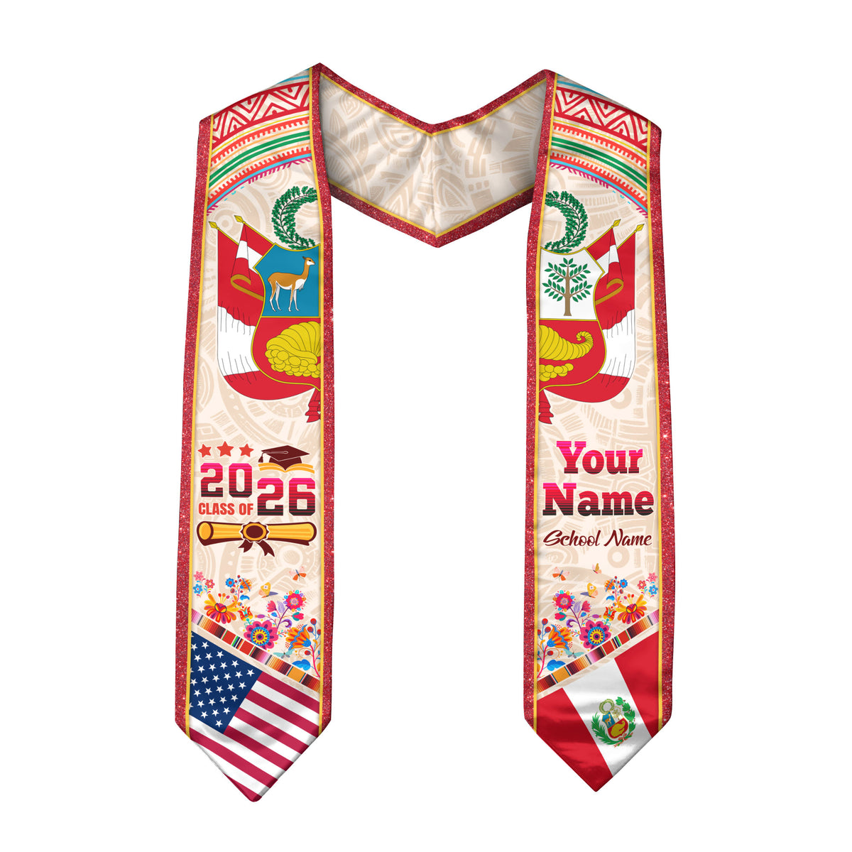 Peru Graduation Stole 2026, Peruvian Flag Graduation Sash, Custom Detail Grad Stole